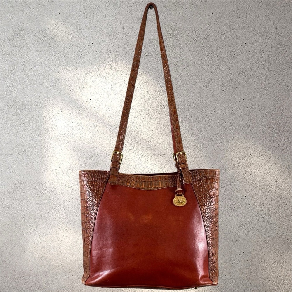 Vintage Brahmin Cognac Croc Embossed Tuscan Collection Leather Tote Bag‎ Brown